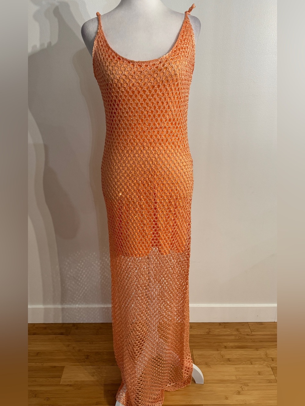 Haute Monde Knit Sequin Fish Net Scoop Maxi Dress orange medium - Picture 2 of 7